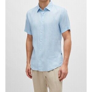 HUGO BOSS Shirt Mens Small Blue Slim Fit Stretch Linen Blend ROAN KEN $138